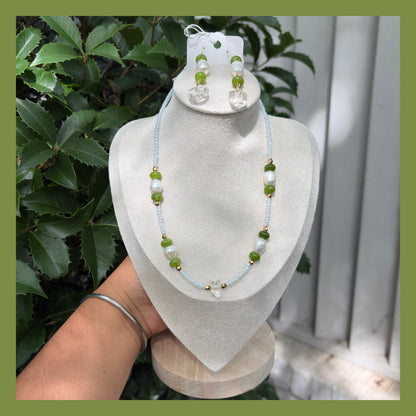 🍃🐚Dyed jade beads x fresh water pearls x clear quartz necklace and earrings set🐚🍃