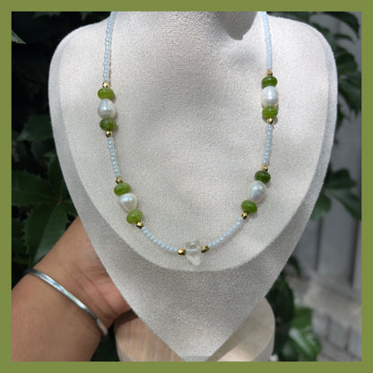 🍃🐚Dyed jade beads x fresh water pearls x clear quartz necklace and earrings set🐚🍃