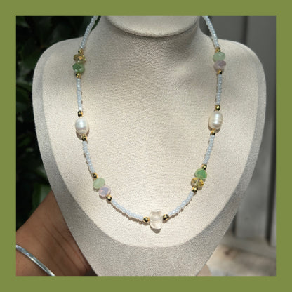 🌿🐚fresh water pearl x glass beads x clear quartz necklace and earrings set🐚🌿