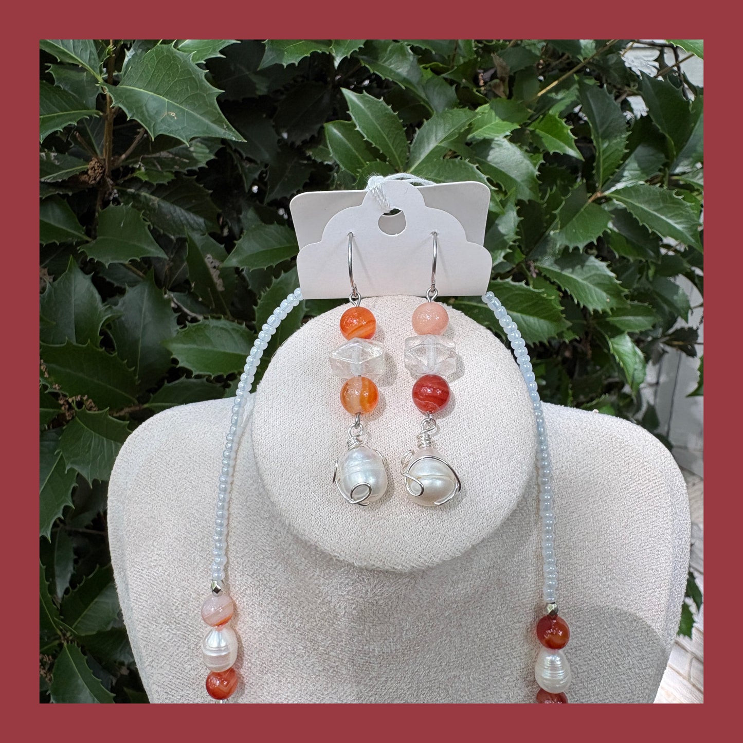 🍄🐚carnelian x fresh water pearl x clear quartz necklace and earrings set🐚🍄