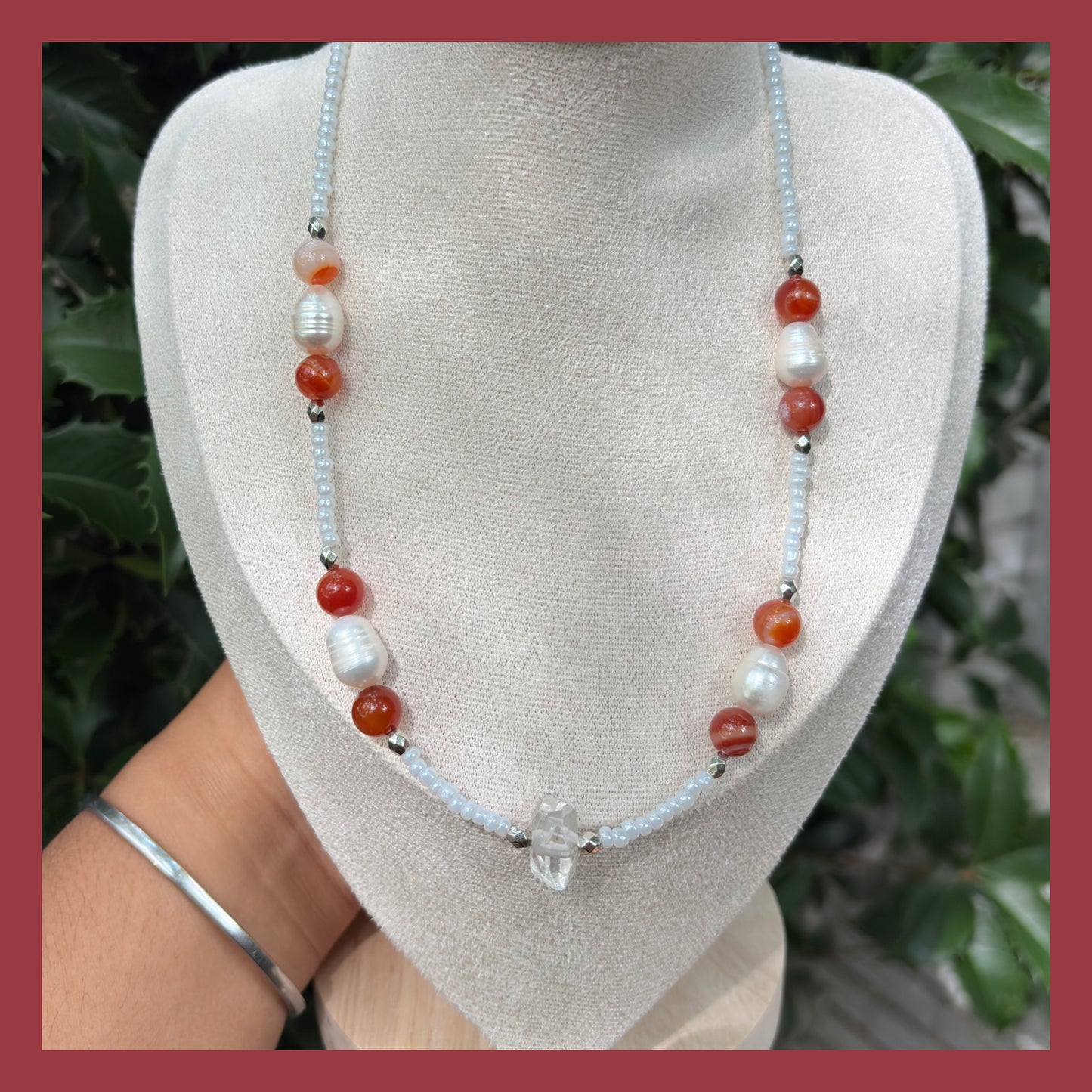 🍄🐚carnelian x fresh water pearl x clear quartz necklace and earrings set🐚🍄