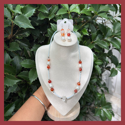 🍄🐚carnelian x fresh water pearl x clear quartz necklace and earrings set🐚🍄